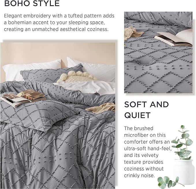 Bedsure Queen Comforter Set - Grey Comforter, Boho Tufted Shabby Chic Bedding Comforter Set, 3 Pieces Vintage Farmhouse Bed Set for All Seasons, Fluffy Soft Bedding Set with 2 Pillow Shams