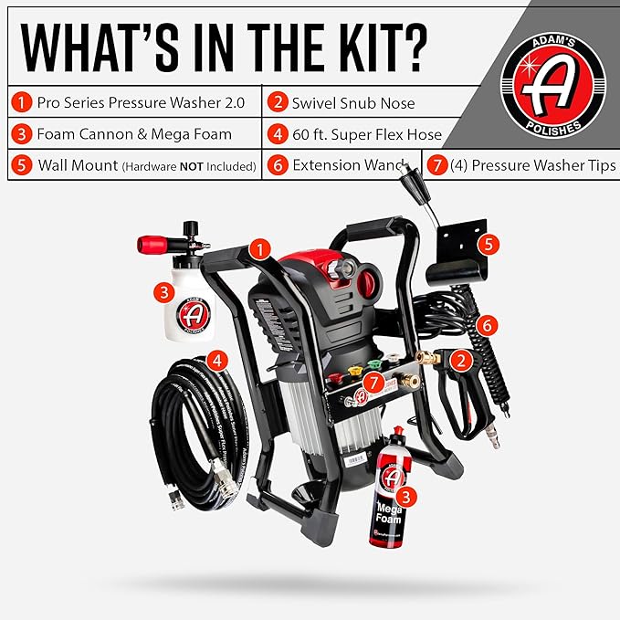 Adam's Pro Series Electric Pressure Washer 2.0 (Complete Kit) - Professional Powerful Detailing Car Washing Pressure Sprayer, Includes Snub Nose, Wall Mount & Pressure Washer Tips | 1200 PSI, 1.76 GPM