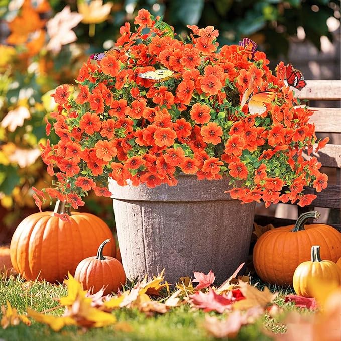 ‌20 Bundles Artificial Flowers for Outdoors‌ with 6 Faux Butterflies, UV Resistant ‌Fake Flowers‌ with Eucalyptus Leaves, ‌Artificial Plants Outdoor‌ for Patio Garden Porch Home Decor (Orange)