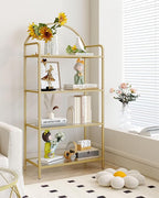 Bookcase Bookshelf, Tempered Glass Bookshelves, Slim Shelving Unit for Bedroom, Bathroom, Home Office, Steel Frame, 4 Tier Gold BC21499G