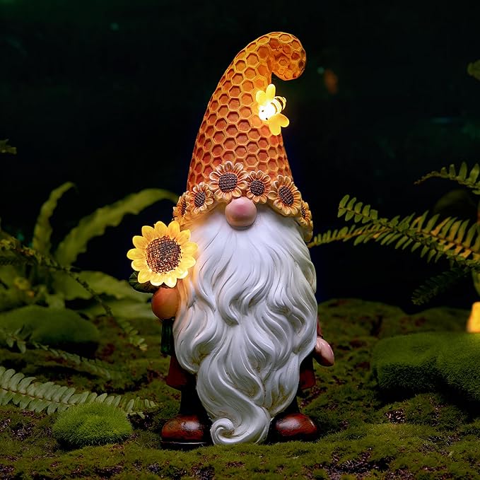 Garden Gnomes Outdoor - Sunflower Gnome Statue with Solar LED Lights for Yard, Patio, Lawn Ornaments - Best Garden Gifts for Mothers Day, Housewarming, Festival