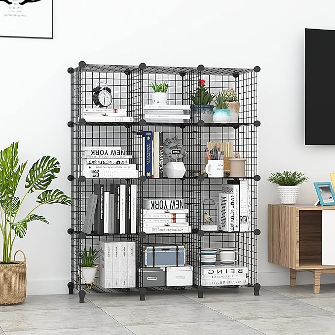 Wolizom Wire Cube Storage, Metal Grids Shelves Bookshelf, Stackable Modular Shelving Organizer, DIY Closet Bookcase Bookshelf, Grid Storage Shelf for Bedroom, Living Room, Office (Black, 12 Cube)