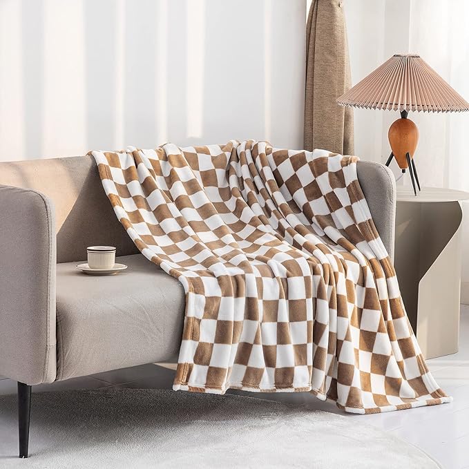 LOMAO Throw Blankets Flannel Blanket with Checkerboard Grid Pattern Soft Throw Blanket for Couch, Bed, Sofa Luxurious Warm and Cozy for All Seasons (Khaki, 90"x90")