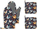 Cute Roosters Hens Chicks Heat-Resistant Silicone Oven Mitts and Pot Holders,Flower Field Long Oven Gloves with Non-Slip Grip for Cooking, Baking, Grilling,BBQ