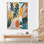 Abstract Bohemian Mid Century Tapestry, Tropical Leaves Modern Geometric Archway Minimalist Bohemian Botanical Aesthetic Wall Hanging, Sage Green Gold Home Decor Art for Bedroom 50x60 Inch