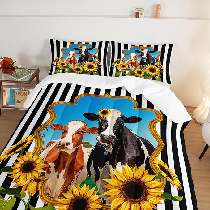 HOSIMA Animal Theme Bedding Set Bull and Cow Comforter with 2 Pillowcases,Black and White Stripes Twin Bed in a Bag Sets for Adults Teens Kids,Sunflower Print Western Bedding Sets.