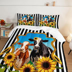 HOSIMA Animal Theme Bedding Set Bull and Cow Comforter with 2 Pillowcases,Black and White Stripes Twin Bed in a Bag Sets for Adults Teens Kids,Sunflower Print Western Bedding Sets.