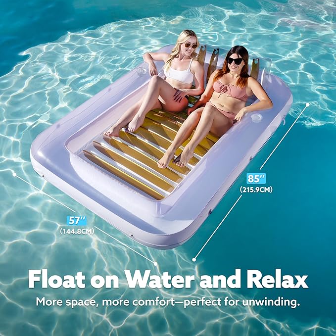 SLOOSH Inflatable Tanning Pool Lounger Float, 85" x 57" Extra Large Pool Floats Adult with Pillow, 4 in 1 Suntan Tub Raft Floatie,Sunbathing Bed Lounge for Water Blow Up Ball Pit, XL-Golden White
