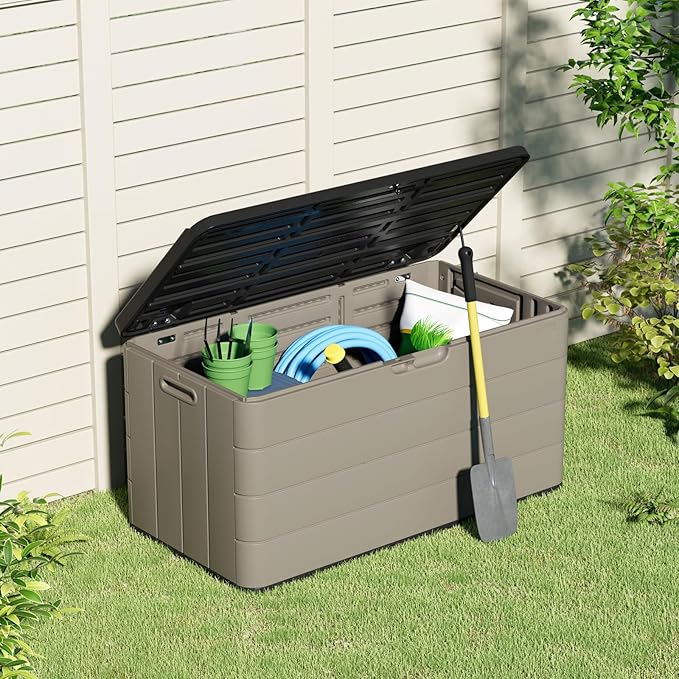 ZZM 110 Gallon Lockable Resin Deck Box, Waterproof Outdoor Storage Box for Patio Cushion Storage Cabinet and Tools Storage, Coffee