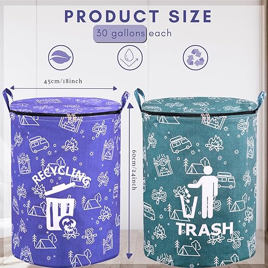 1 Pcs 30 Gallon Collapsible Trash Can Portable Waterproof Reusable with Zippered Lid for RV's, Camping, Recycling, Yard Waste, Leaf Bag, Children Toy Bin (Recycling)