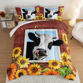 HOSIMA Farmhouse Animal Cow Comforter with 2 Pillowcases,Wooden Decor Terracotta Comforter for Adults Teens,Cow Print Bedding Room Decor,Sunflower Full Size Comforter Set.