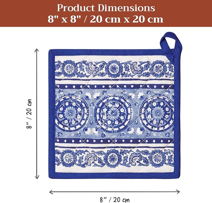 Maison d' Hermine Pot Holders 100% Cotton Potholders (8" x 8", Pack of 1) | Heat Resistant Hot Pads with Loop BBQ Cooking Baking Farmhouse Kitchen Handling Hot Pans Spring Summer - Melodie Bleue