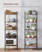 VASAGLE Ladder Shelf, 5-Tier Bookshelf, Storage Rack, Bookcase with Steel Frame, Wood Look Accent Furniture with Metal Frame, 22.1 x 13.3 x 67.7 Inches, Rustic Brown ULLS45X