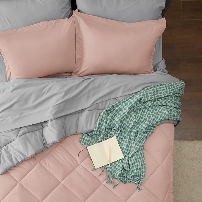 Bedsure Blush Pink King Size Comforter Set - 7 Pieces Reversible King Bed in a Bag King Bed Set with Comforters, Sheets, Pillowcases & Shams, King Bedding Sets