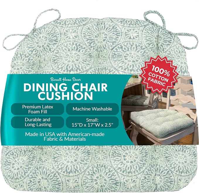 Barnett Home Decor Tibet Spa Dining Chair Pad with Ties - 15 x 17 Size Small Chair Cushion - Latex Foam Fill - Machine Washable, Reversible, 100% Cotton, Made in USA (Mandalas - Blue-Green)