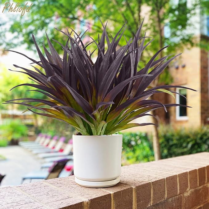 6Pcs Artificial Grass Fake Grass Plants 17.3in Outdoor Plants UV Resistant Faux Greenery Stems for Home Window Garden Office Patio Pathway Front Porch Halloween Décor Light Green & Purple