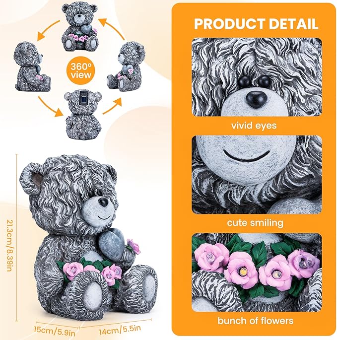 Solar Garden Outdoor Statues Bear with Heart and Pink Flower and 5 LED Lights-Lawn Decor Bear Statue for Patio, Balcony, Yard Ornament-Unique Mother's Day and Housewarming Gifts for Mom, Women