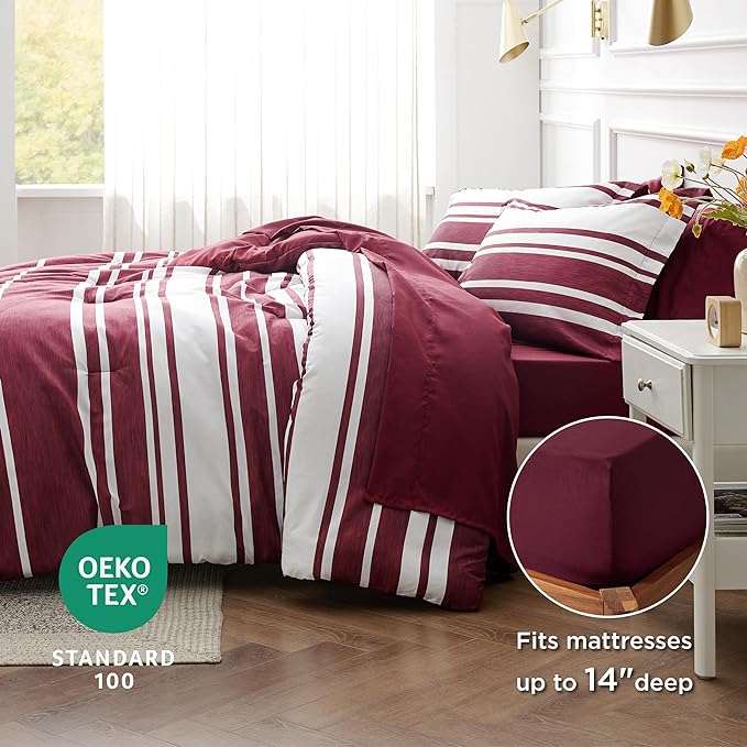 Bedsure Bed in a Bag King Size 7-Piece Burgundy White Striped Bedding Comforter Sets All Season Bed Set, 2 Pillow Shams, Flat Sheet, Fitted Sheet and 2 Pillowcases