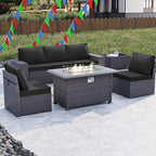 Kullavik 7 Pieces Outdoor Patio Furniture Set with 43" 55000BTU Gas Propane Fire Pit Table PE Wicker Rattan Sectional Sofa Patio Conversation Sets