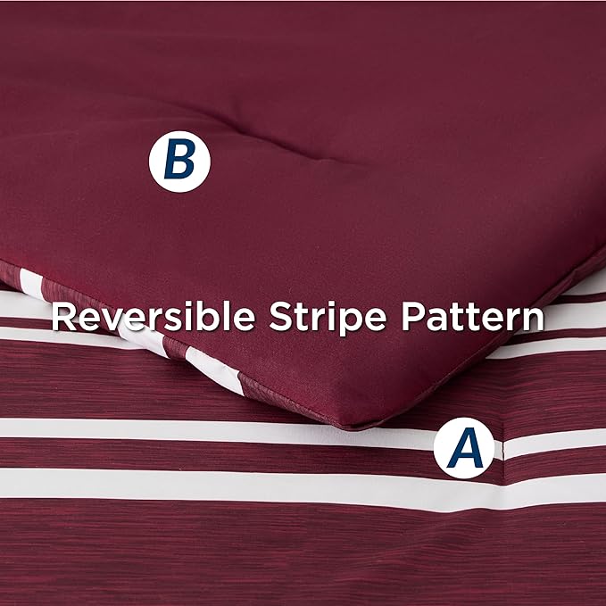 Bedsure Bed in a Bag Queen Size 7-Piece Burgundy White Striped Bedding Comforter Sets All Season Bed Set, 2 Pillow Shams, Flat Sheet, Fitted Sheet and 2 Pillowcases
