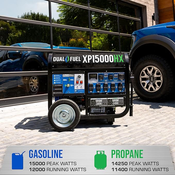 DuroMax XP15000HX 15,000-Watt Dual Fuel Portable Generator - Gas & Propane, Remote Electric Start, Whole Home Power Backup, Transfer Switch Ready, RV & Emergency Ready