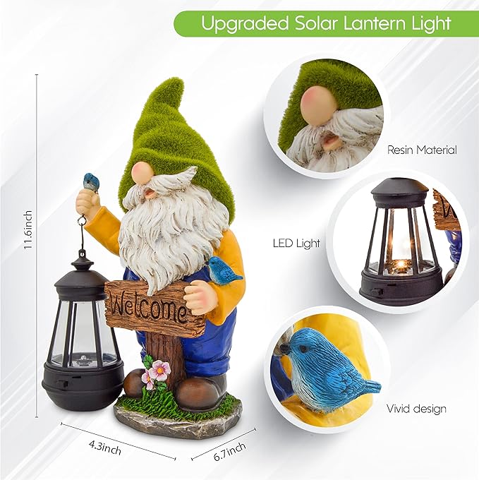 Christmas Garden Gnomes Outdoor - Flocked Gnome Statue Holding Lantern with Solar LED Lights | Gnomes Garden Decorations for Patio, Yard, Lawn Ornaments - Gnome Gifts