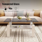 Glass Coffee Table Rectangle Living Room Center Table, with Gray Tempered Glass Tabletop and White MDF Layer,for Living Room and Office, Gray+White