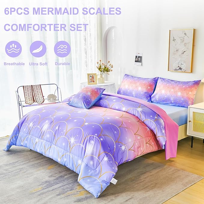 PERFEMET Full Size Mermaid Comforter Sets 6 Pieces Purple Ombre Girls Bedding Sets Tie Dye Rainbow Glitter Bed in A Bag for Kids Teens Girls Women