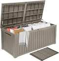 DWVO 150 Gallon XL Deck Box with Divider & Lockable Lid, Waterproof Resin Outdoor Storage for Patio, Garden, Poolside, Cushions, Supplies & Sports Gear, Light Brown