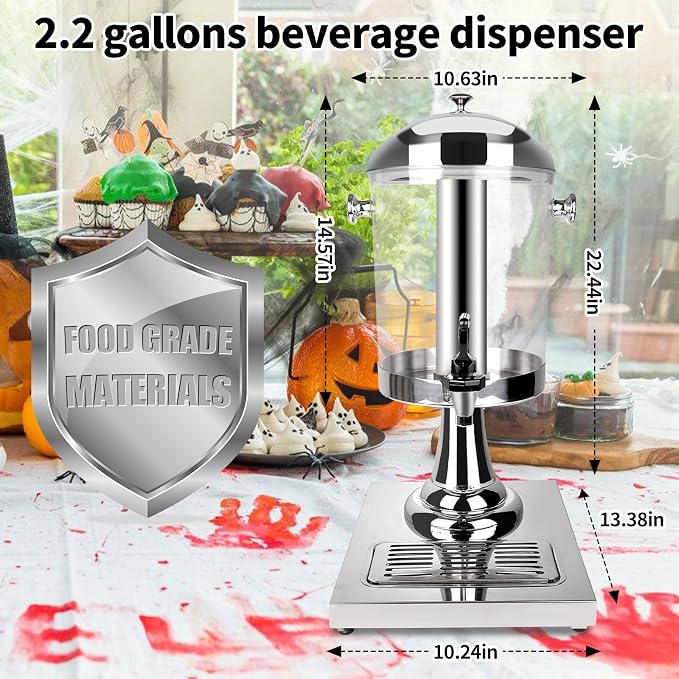 Drink Dispensers for Parties, Cold Beverage Dispenser with Centre Ice Core and Drip Trays, 2.2 Gallon/8L Stainless Steel Drink Dispensers with Stand and Spigot Buffet Cold Drinks and Beer