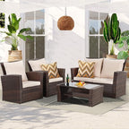 4 Piece Patio Furniture Sets, All-Weather Wicker Conversation Sets, Outdoor Rattan Sectional Sofa Chair with Cushions and Coffee Table for Balcony, Garden, Backyard, Brown