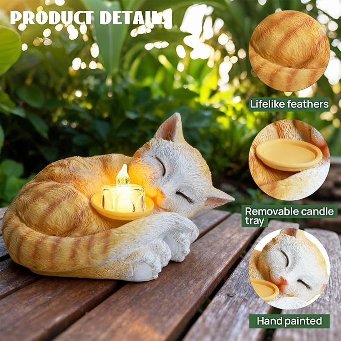 Sleeping Cat Candle Holder Statue Realistic Resin Cat Figurine with Candle Tray Outdoor Garden Decor for Patio Yard or Indoor Use for Cat Lovers Women and Memorials Orange