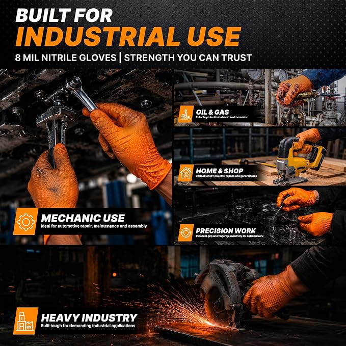TitanFlex Heavy Duty Industrial Orange Nitrile Gloves, 8-mil, Gloves Disposable Latex Free with Raised Diamond Texture Grip, Powder Free, Rubber Glove, Mechanic Gloves,100-ct Box (Small)