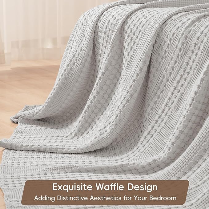 PHF 100% Cotton Waffle Weave Blanket Twin Size, Soft Lightweight Breathable Cozy Summer Blankets for Bed, Luxury Aesthetic Woven Bedding for Home Decor, 66"x90", Light Grey