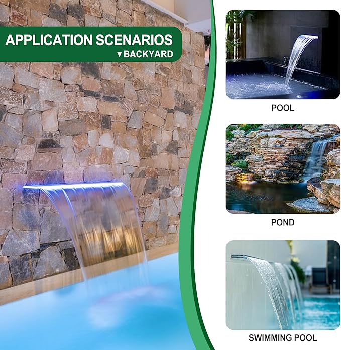 Pool Fountain, LONGRUNNEW Transparent Acrylic Pool Waterfall Spillway with Pipe Connector Kits for Indoor/Outdoor Decorative, 11.8 Inches Pool Water Feature for Garden Patio, Backyard Koi Pond Decor