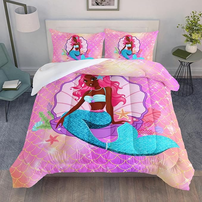 Datura home Bedding Comforter Set Black Girl Magic Mermaid Printed Pattern Quilt with 1 and 2 Pillowcases for Girls Bedroom All Season(Black Pink Full) Full 80x90inches