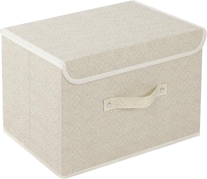 Storage Boxes, Collapsible Storage Bins with Lids, Cotton and linen cloth Storage Baskets with Handle, for Books, Closet, Bedroom, Home, 15x9.8x9.8 in, Grey and Beige