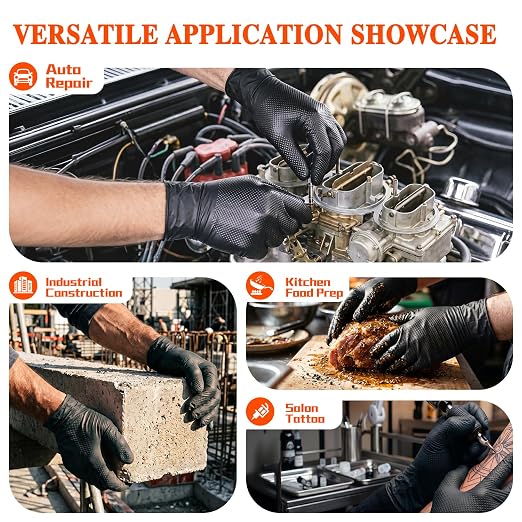 ANBOSON 10 Mil Heavy Duty Mechanic Nitrile Gloves, Black Medium 1000 Count | Diamond Grip, Latex Free Disposable Chemical Resistant Rubber Gloves for Industrial,Workshops, Auto Repair,Janitorial,Food