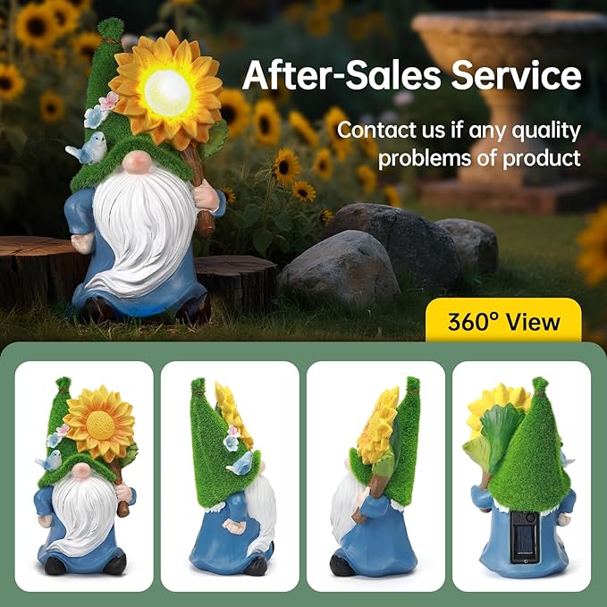 Solar Gnome with Glowing Sunflower Light,Weatherproof Resin Garden Figurine Decor Auto On/Off - Fairytale Statue Gift for Patio,Yard & Gifts