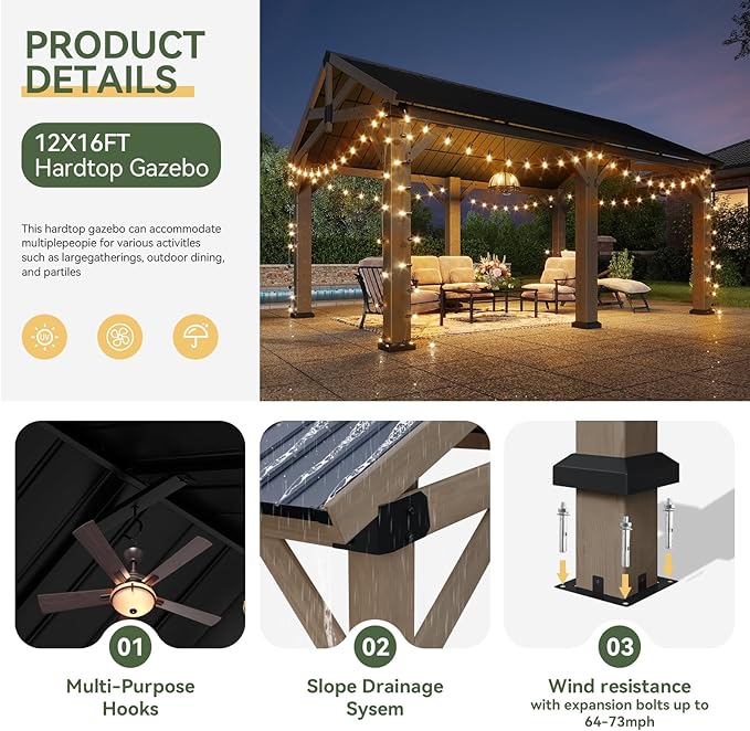 Aoxun 12' x 16' Outdoor Wood Gazebo, Hardtop Gazebo Permanent Wooden Pavilion with Galvanized Steel Gable Roof, for Patio, Garden, Deck, Cedar Wood