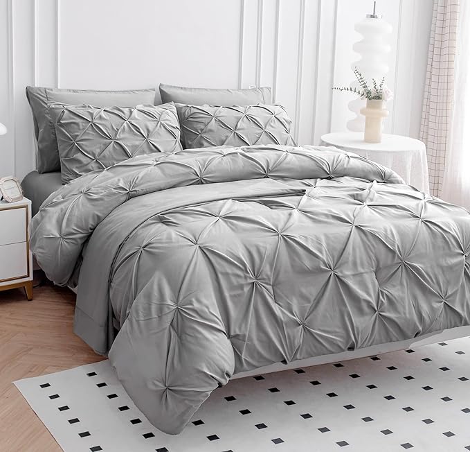 LANE LINEN Bedding Comforter Set for Split King Mattress, Soft 8 Piece Split King Bed in a Bag with 1 King Comforter, 1 King Size Flat Sheet, 2 Twin XL Fitted Sheets, 2 Pillowcases & 2 Shams - Silver