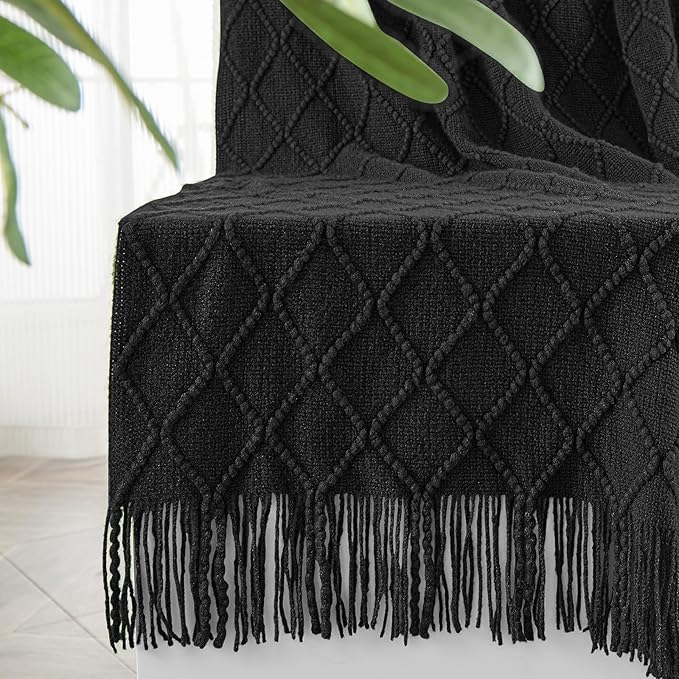 inhand Knitted Throw Blankets for Couch and Bed, Soft Cozy Knit Blanket with Tassel, Black Lightweight Decorative Blankets and Throws, Farmhouse Warm Woven Blanket for Men and Women, 50"x60"