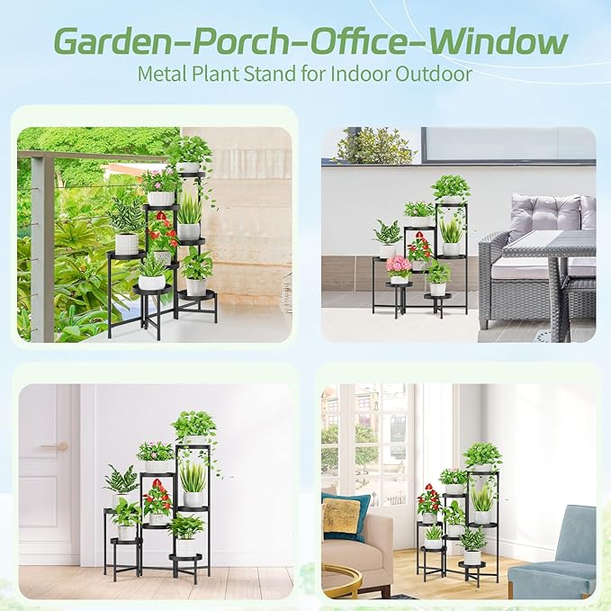iDavosic.ly Plant Stand Indoor Outdoor, 7 Tier Corner Metal Flower Display Holder Shelf, Folding Tall Orchid Rack for Patio Balcony Porch Garden Living Room House, Black