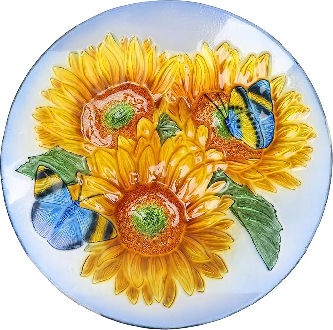MUMTOP Outdoor Glass Birdbath with Metal Stand for Outside Lawn Yard Garden Sunflower Decor,18” Dia/21.65 Height