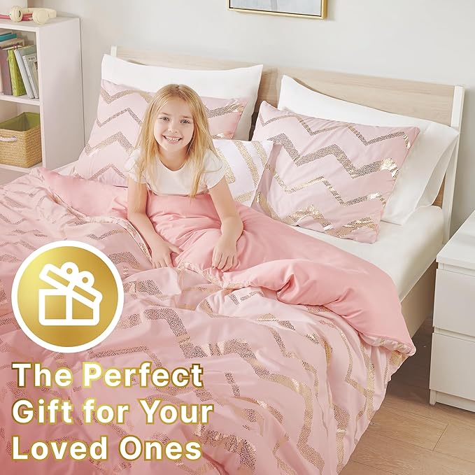 Codi King Size Bedding Sets Pink - Metallic Print Blush Comforter Set - 4 Piece includes 1 Rose Gold Comforter, 1 Decorative Pillow, 2 Pillow Cases - All Seasons Warm