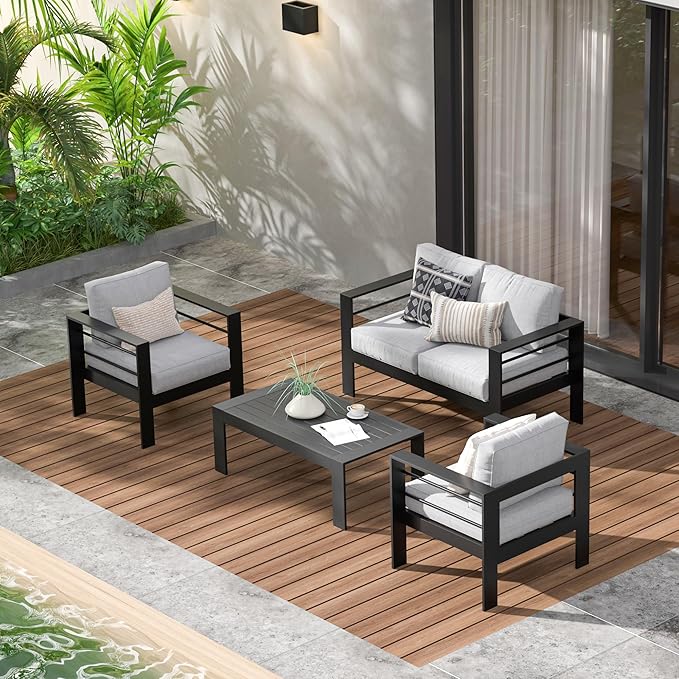 Wisteria Lane 4-Piece Aluminum Patio Furniture Set, Outdoor Furniture with Coffee Table, Metal Sofa Set for Deck, Porch, Balcony, Indoor, Black Frame & Light Grey Cushion