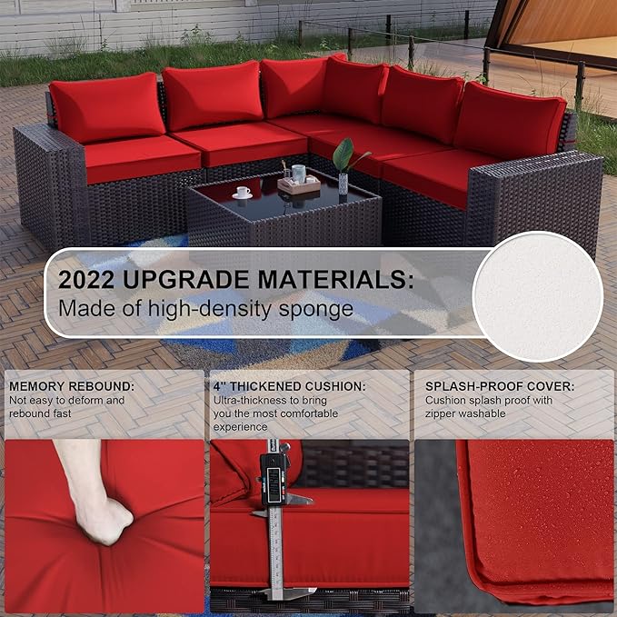 Kullavik 6PCS Outdoor Patio Furniture Set PE Wicker Rattan Sectional Sofa Patio Conversation Sets,Red