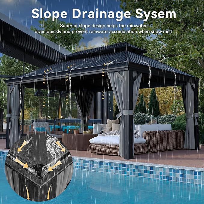 Aoxun 12' X 16' Permanent Hardtop Gazebo Aluminum Gazebo with Galvanized Steel Double Roof for Patio Lawn and Garden, Curtains and Netting Included, Grey