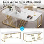 63 inches Executive Desk, Home Office Computer Desk, Modern Large Conference Table with Gold Metal Frame, Bussiness Furniture for Work Writing