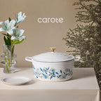 CAROTE 7QT Enameled Cast Iron Dutch Oven Pot with Lid, White & Blue | Sourdough Bread Baking with Cotton Potholders & Oven Gloves, Gift Box, Cookware for Braising, Oven Safe up to 500° F
